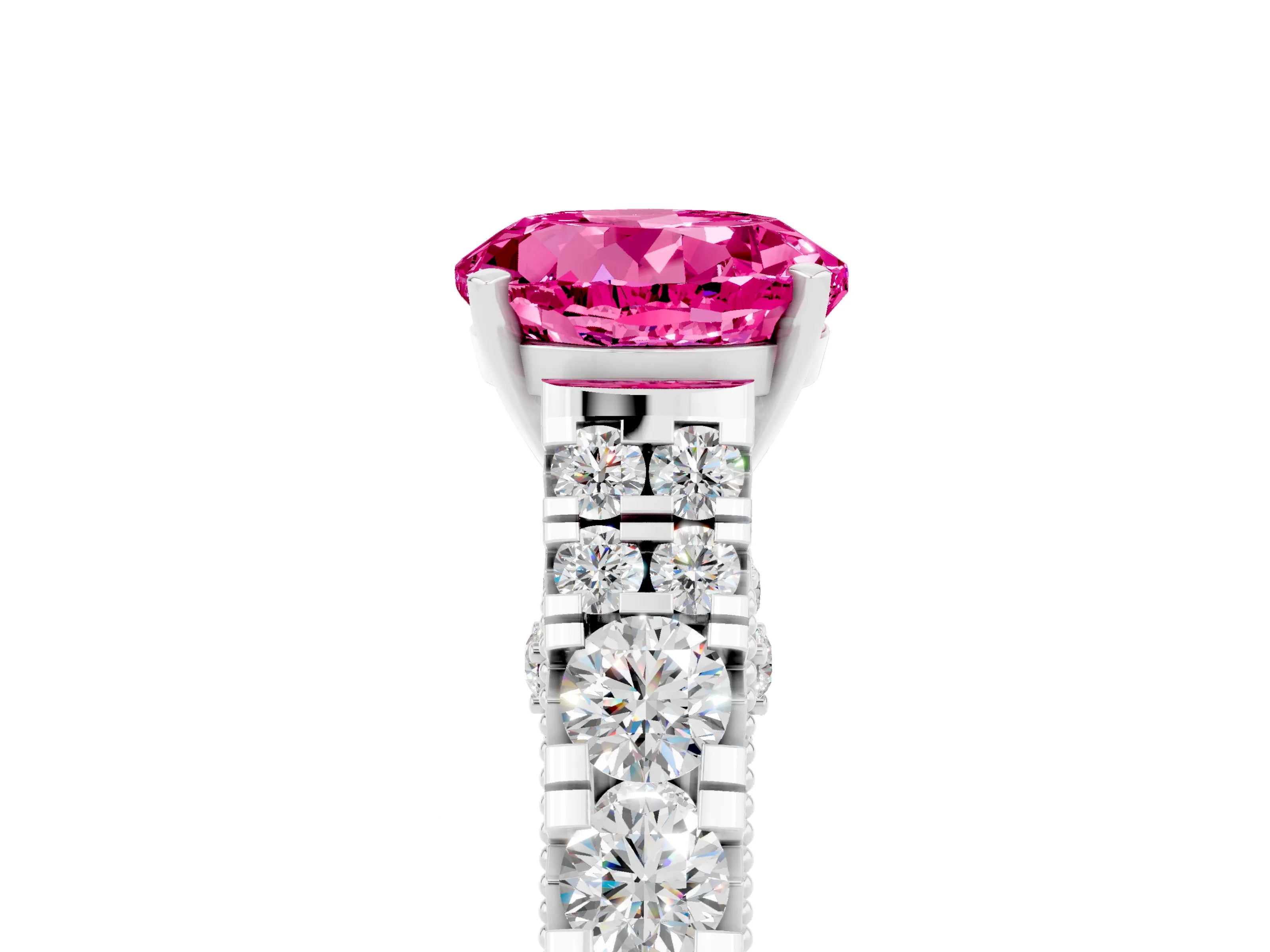 White gold Round Cut Pink Sapphire Classic Solitaire Ring with Pavé Band and Four-Prong Setting_17