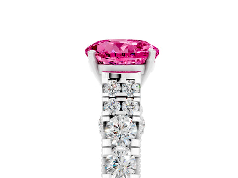 White gold Round Cut Pink Sapphire Classic Solitaire Ring with Pavé Band and Four-Prong Setting_17