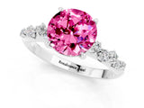 White gold Round Cut Pink Sapphire Cluster Side Stone Solitaire Ring with Prong Setting_49