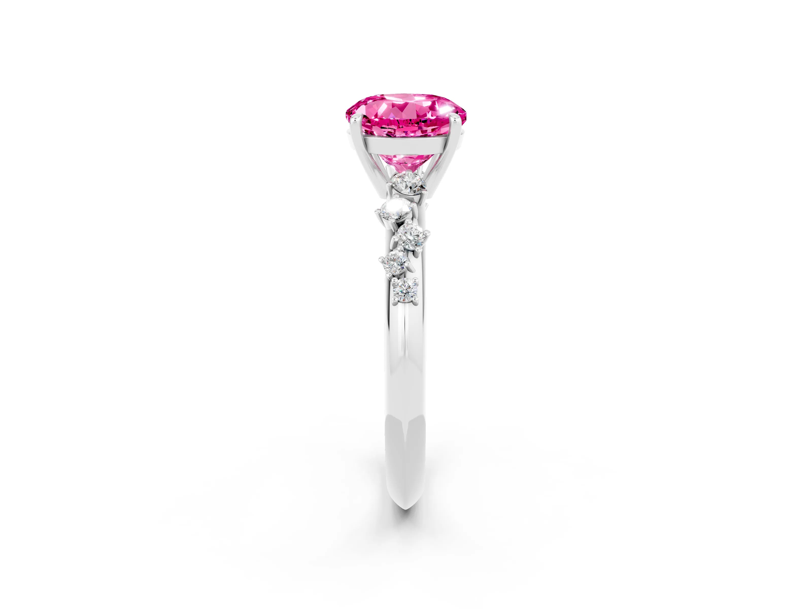 White gold Round Cut Pink Sapphire Cluster Side Stone Solitaire Ring with Prong Setting_50