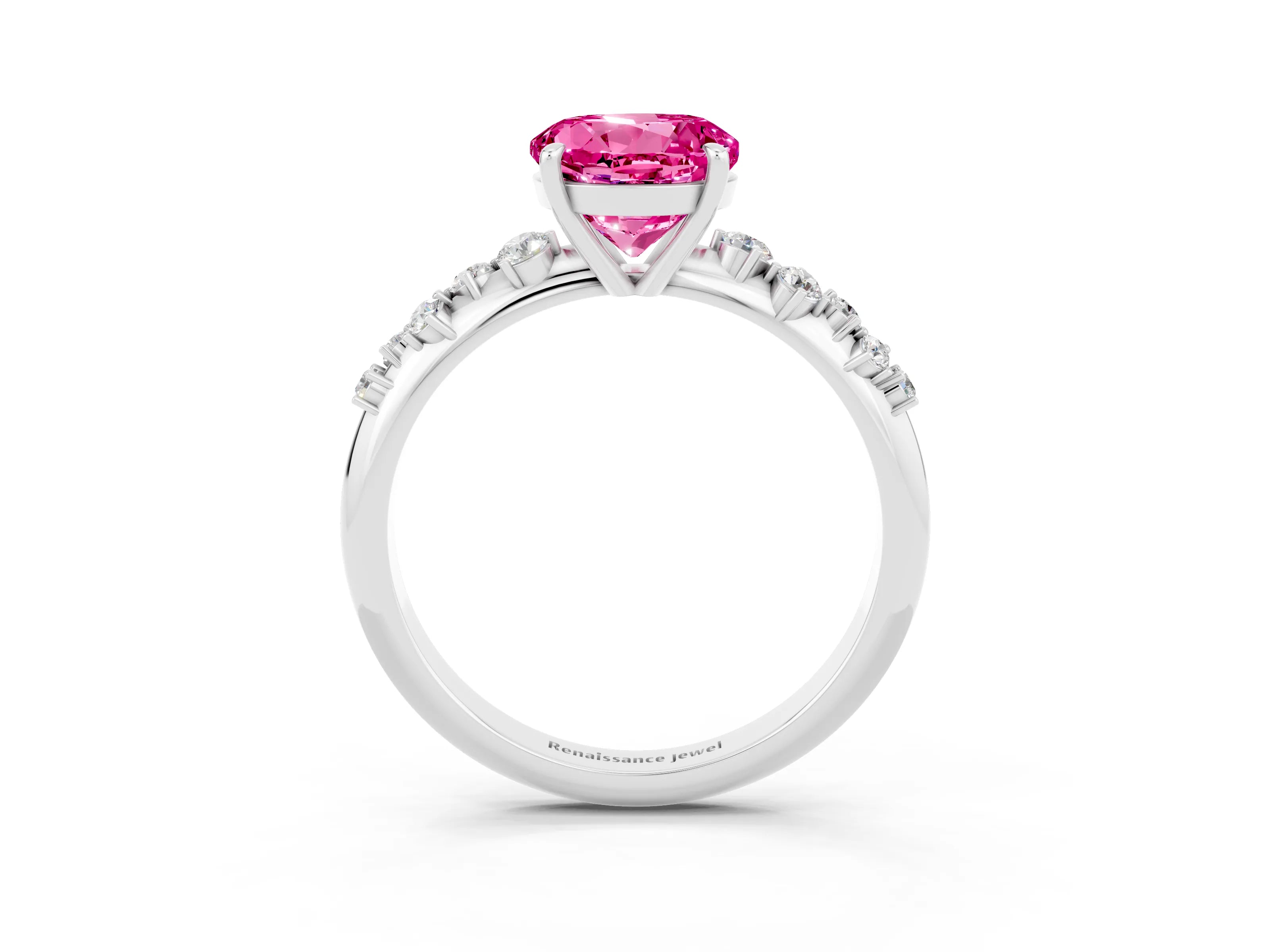 White gold Round Cut Pink Sapphire Cluster Side Stone Solitaire Ring with Prong Setting_51