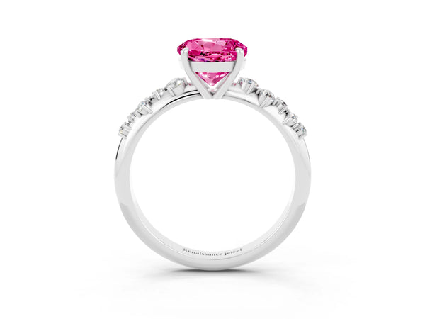 White gold Round Cut Pink Sapphire Cluster Side Stone Solitaire Ring with Prong Setting