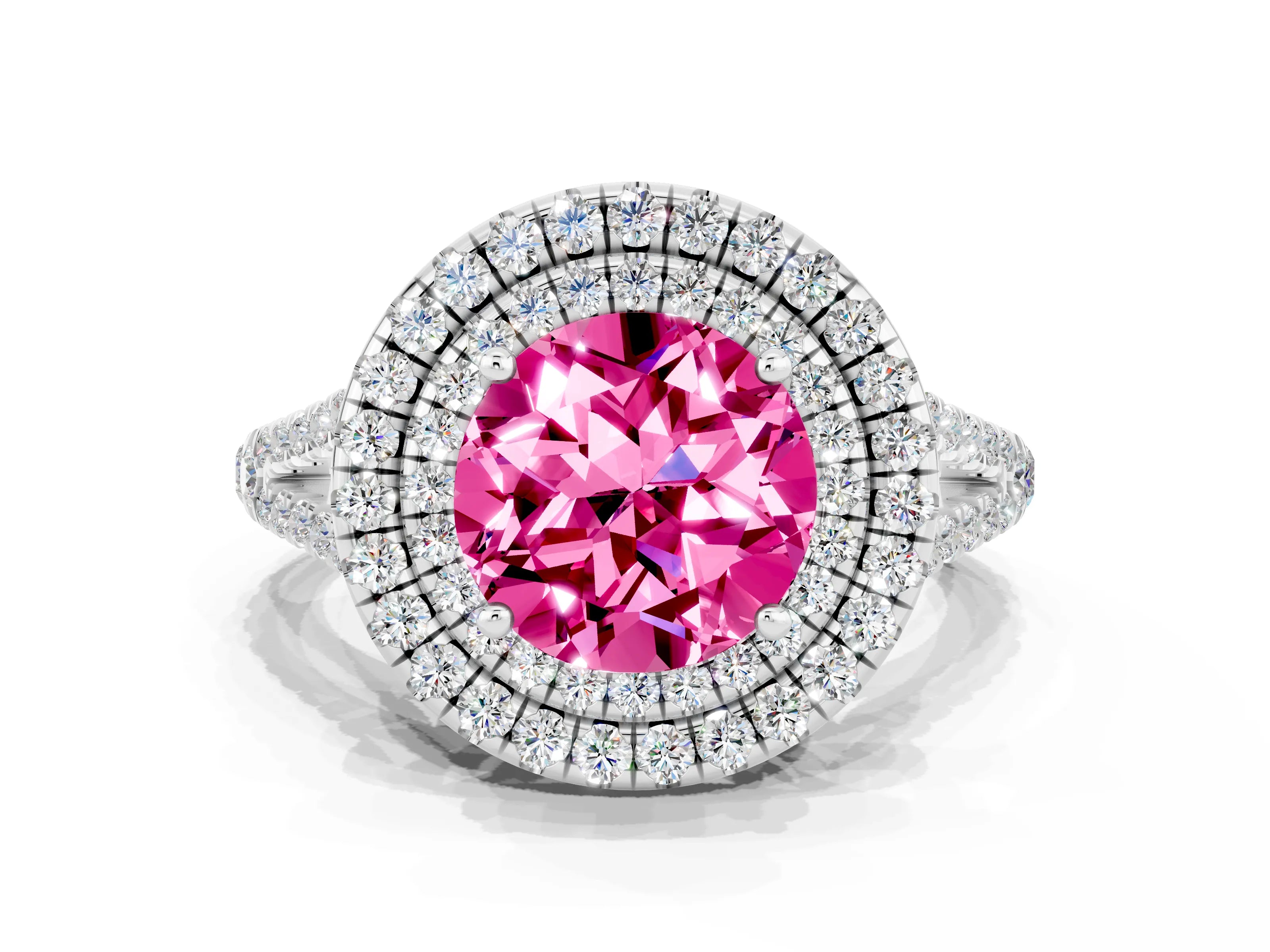 White gold Round Cut Pink Sapphire Double Halo Ring with Pavé Band and Prong Setting_12