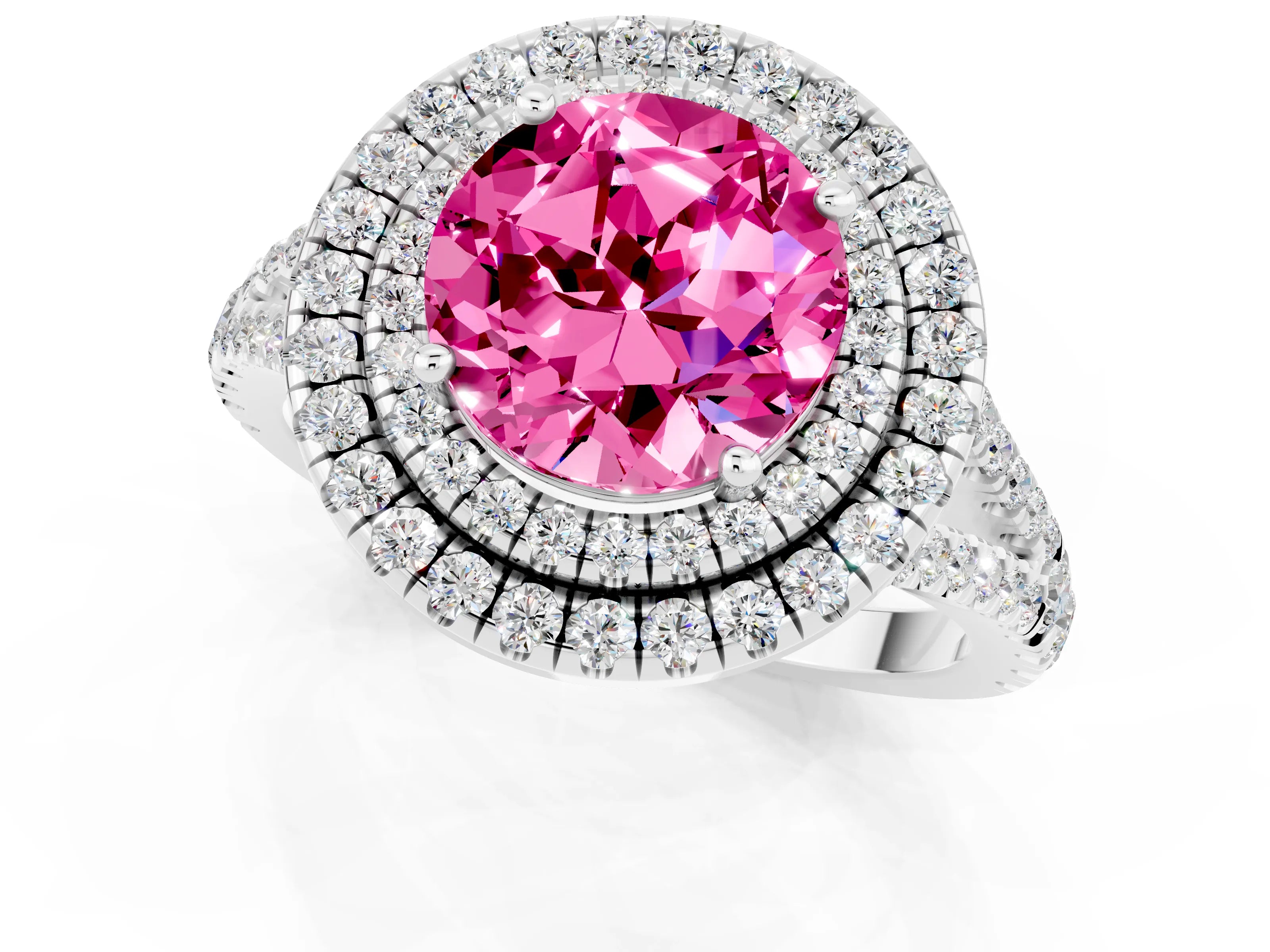 White gold Round Cut Pink Sapphire Double Halo Ring with Pavé Band and Prong Setting_13