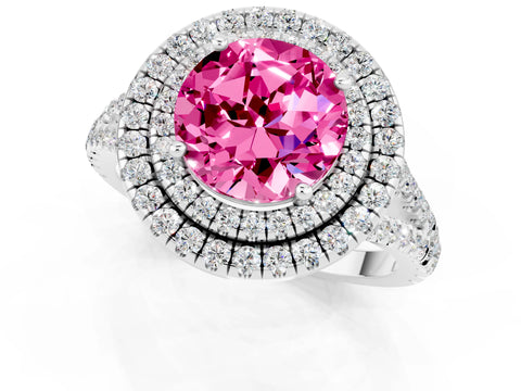 White gold Round Cut Pink Sapphire Double Halo Ring with Pavé Band and Prong Setting_13