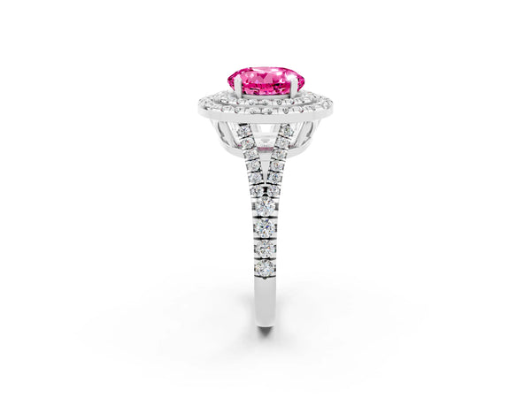 Platinum Round Cut Pink Sapphire Double Halo Ring with Pavé Band and Prong Setting