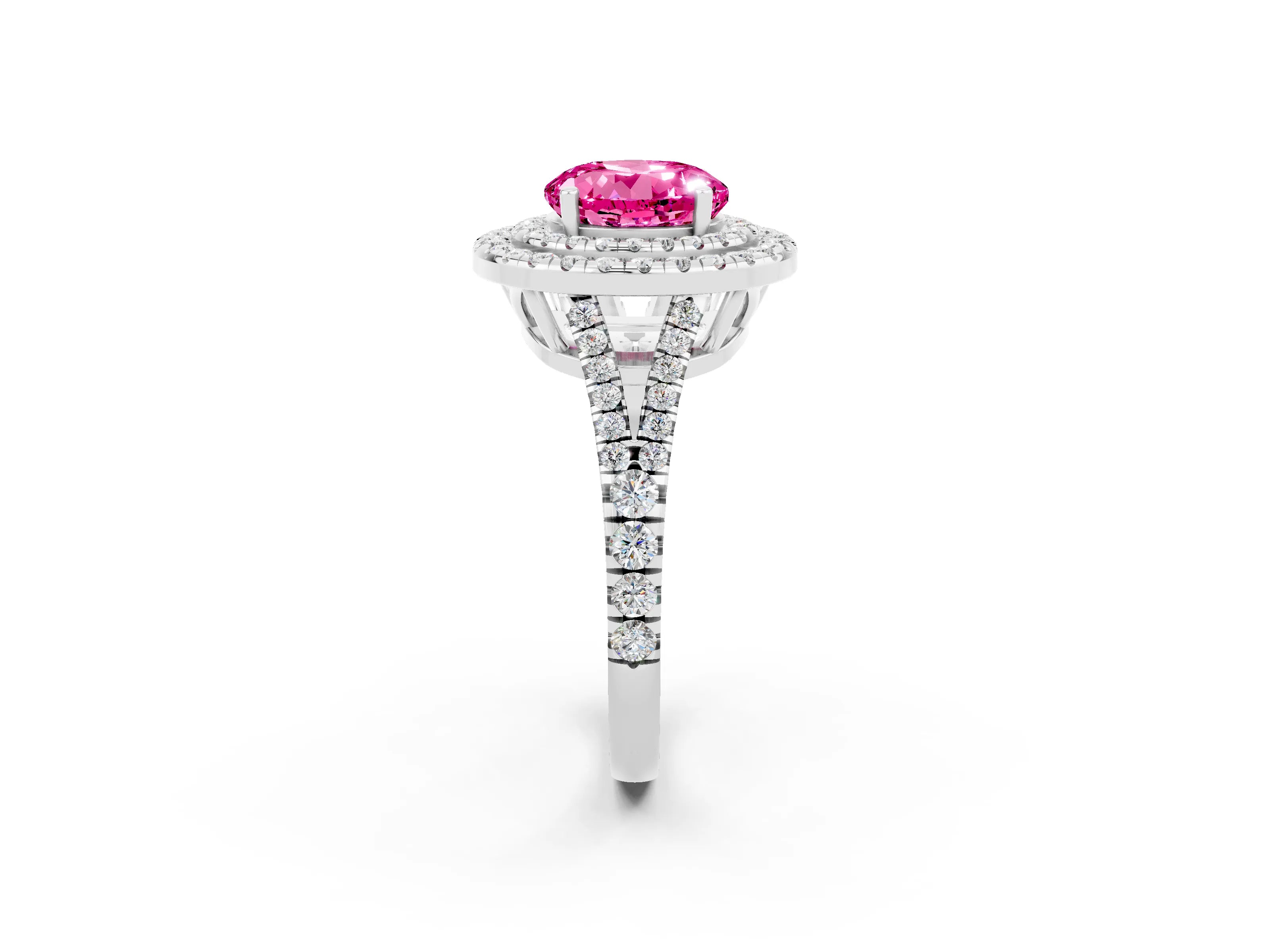 White gold Round Cut Pink Sapphire Double Halo Ring with Pavé Band and Prong Setting_14