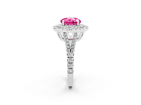 White gold Round Cut Pink Sapphire Double Halo Ring with Pavé Band and Prong Setting_14