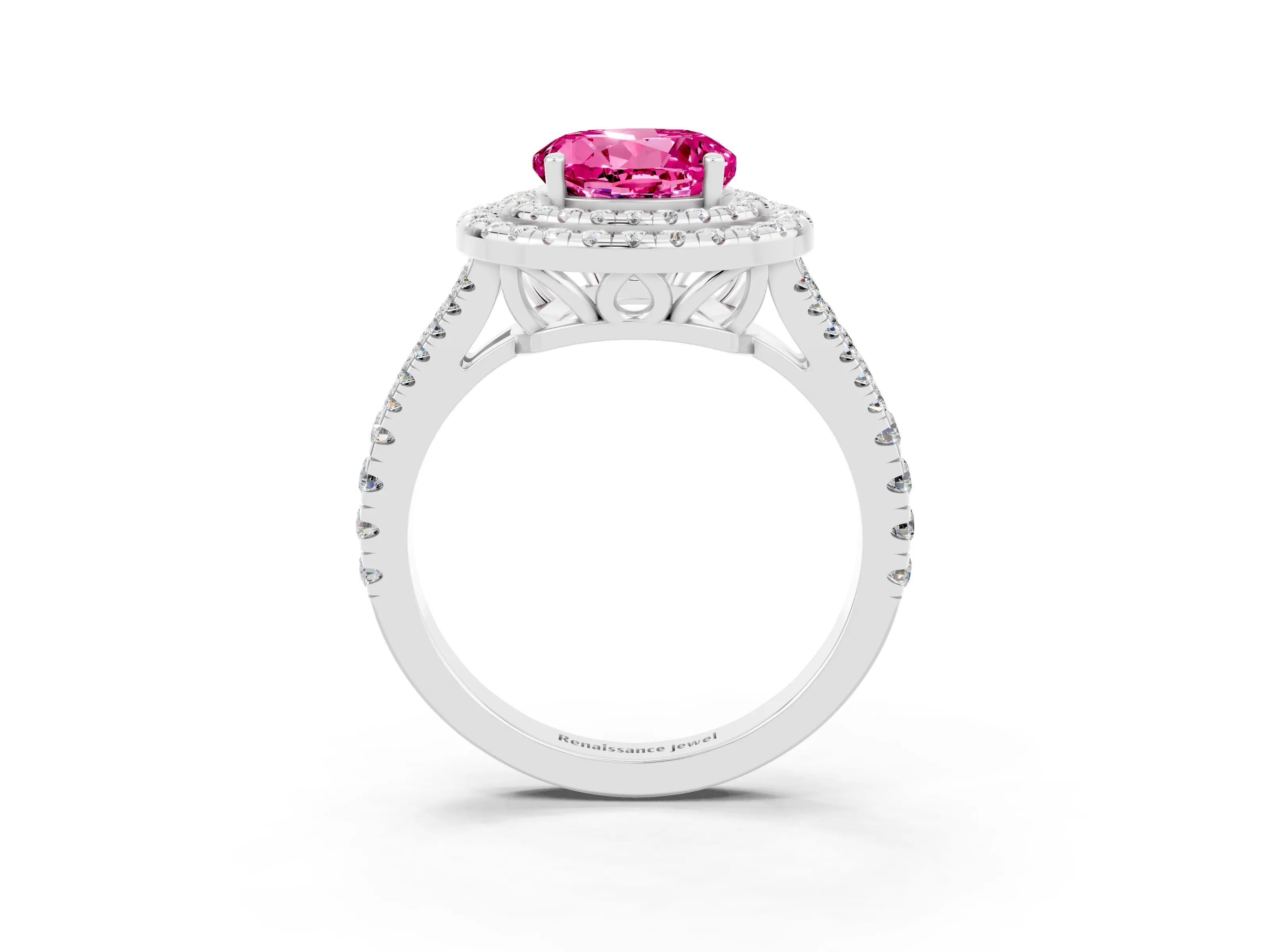 White gold Round Cut Pink Sapphire Double Halo Ring with Pavé Band and Prong Setting_15