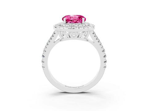 White gold Round Cut Pink Sapphire Double Halo Ring with Pavé Band and Prong Setting_15