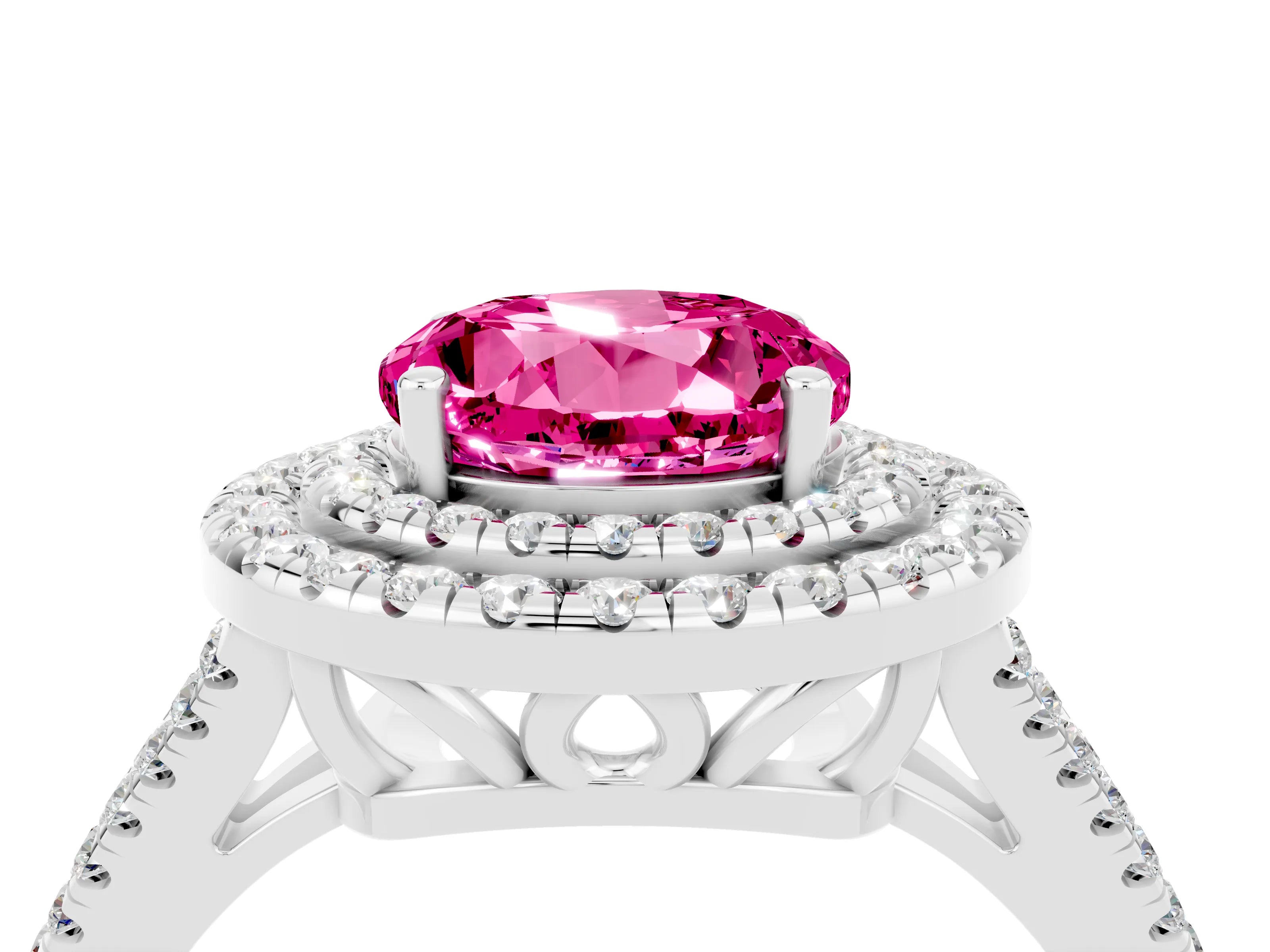 White gold Round Cut Pink Sapphire Double Halo Ring with Pavé Band and Prong Setting_16