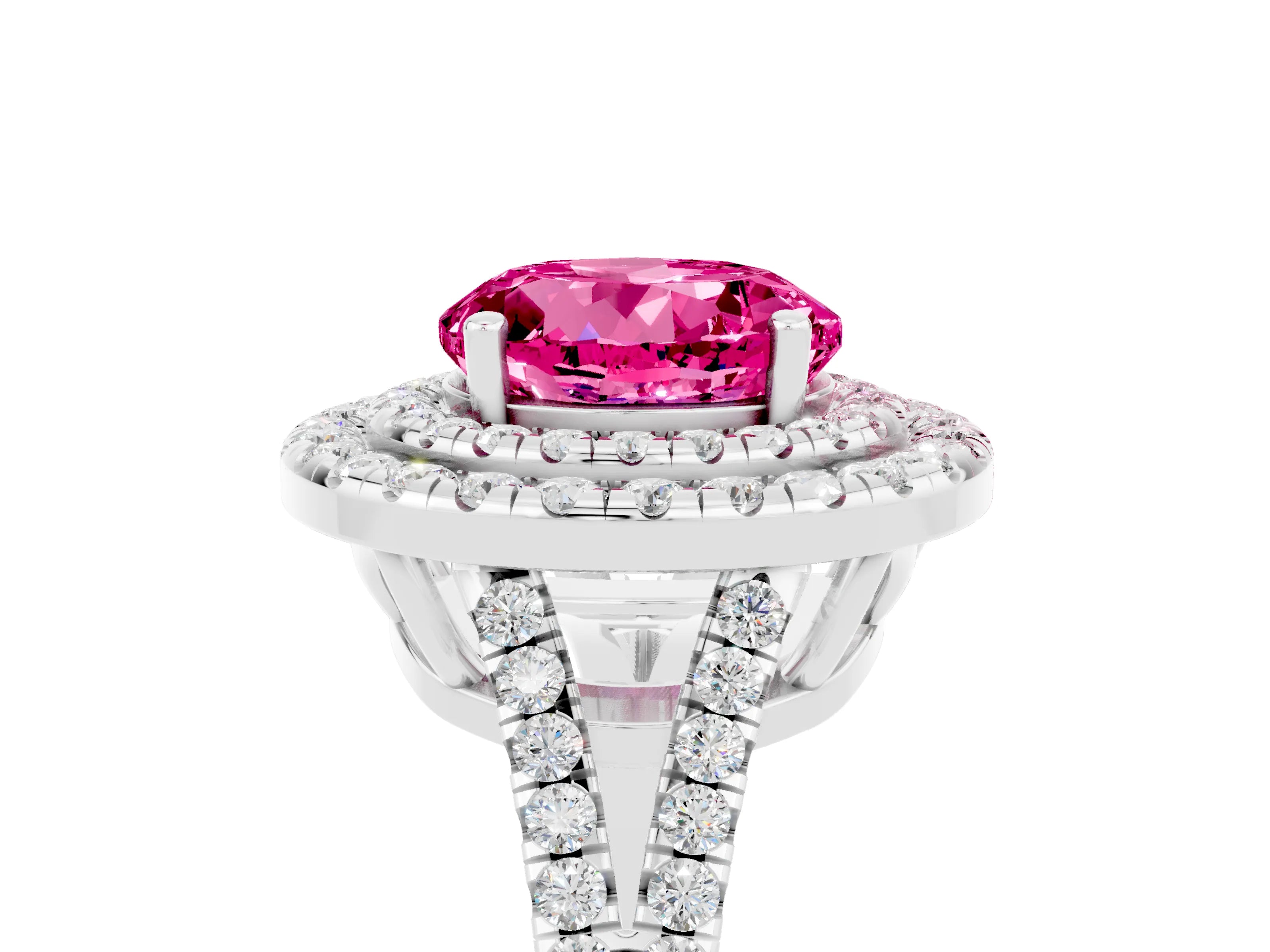 White gold Round Cut Pink Sapphire Double Halo Ring with Pavé Band and Prong Setting_17