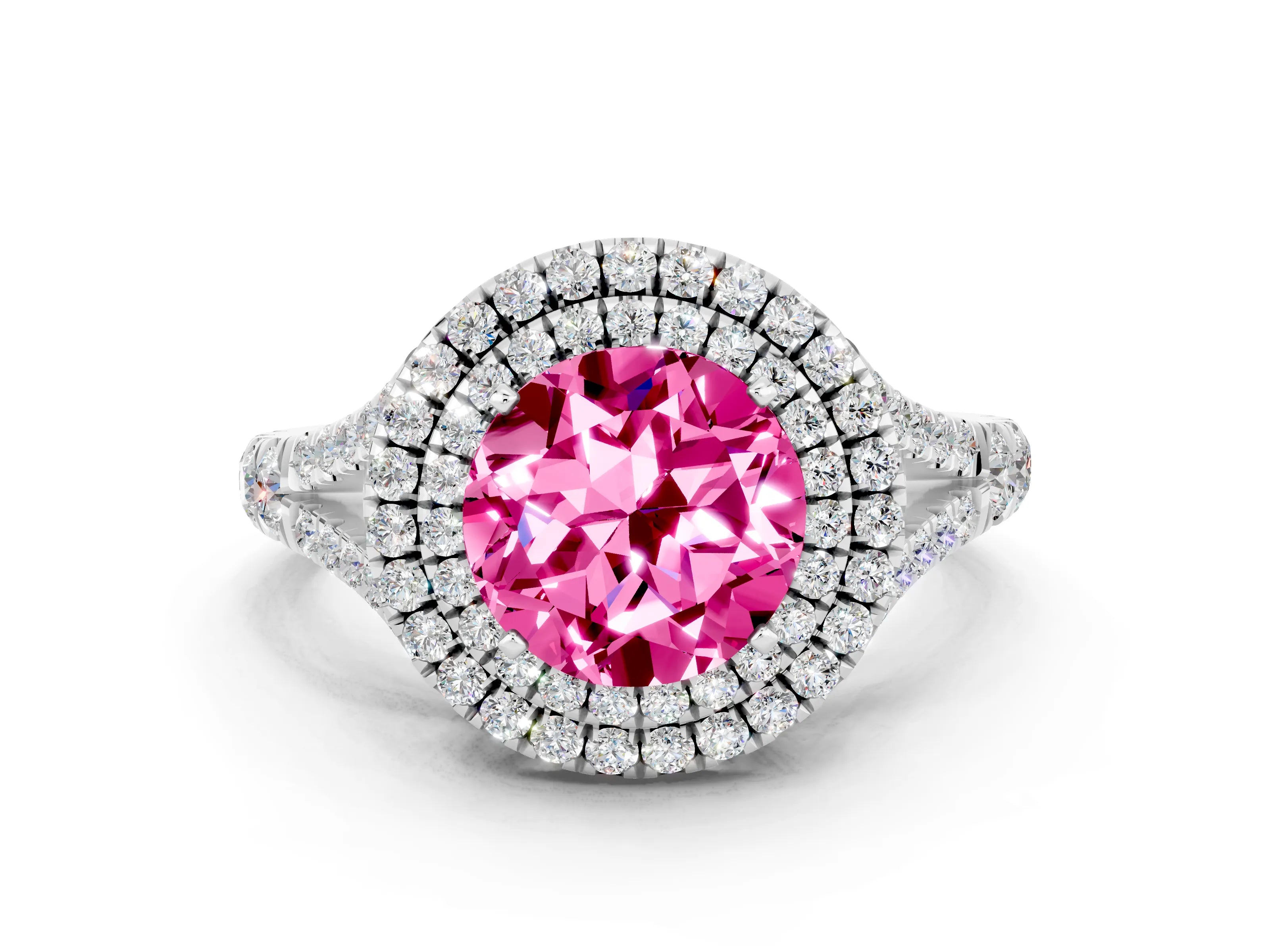 White gold Round Cut Pink Sapphire Double Halo Ring with Split Shank and Prong Setting_12