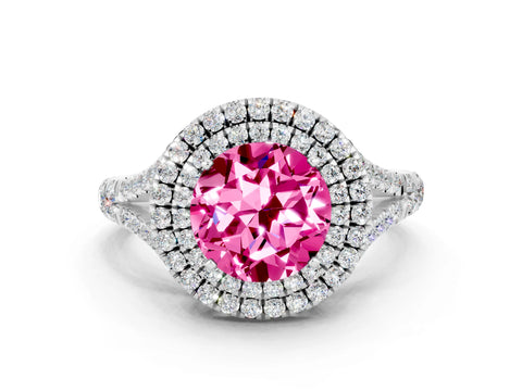 White gold Round Cut Pink Sapphire Double Halo Ring with Split Shank and Prong Setting_12