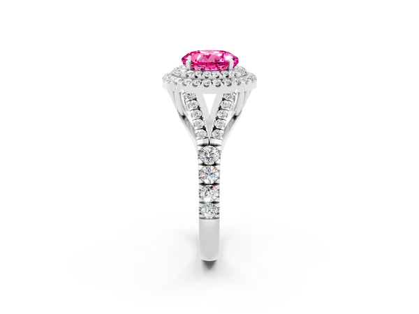 Silver Round Cut Pink Sapphire Double Halo Ring with Split Shank and Prong Setting