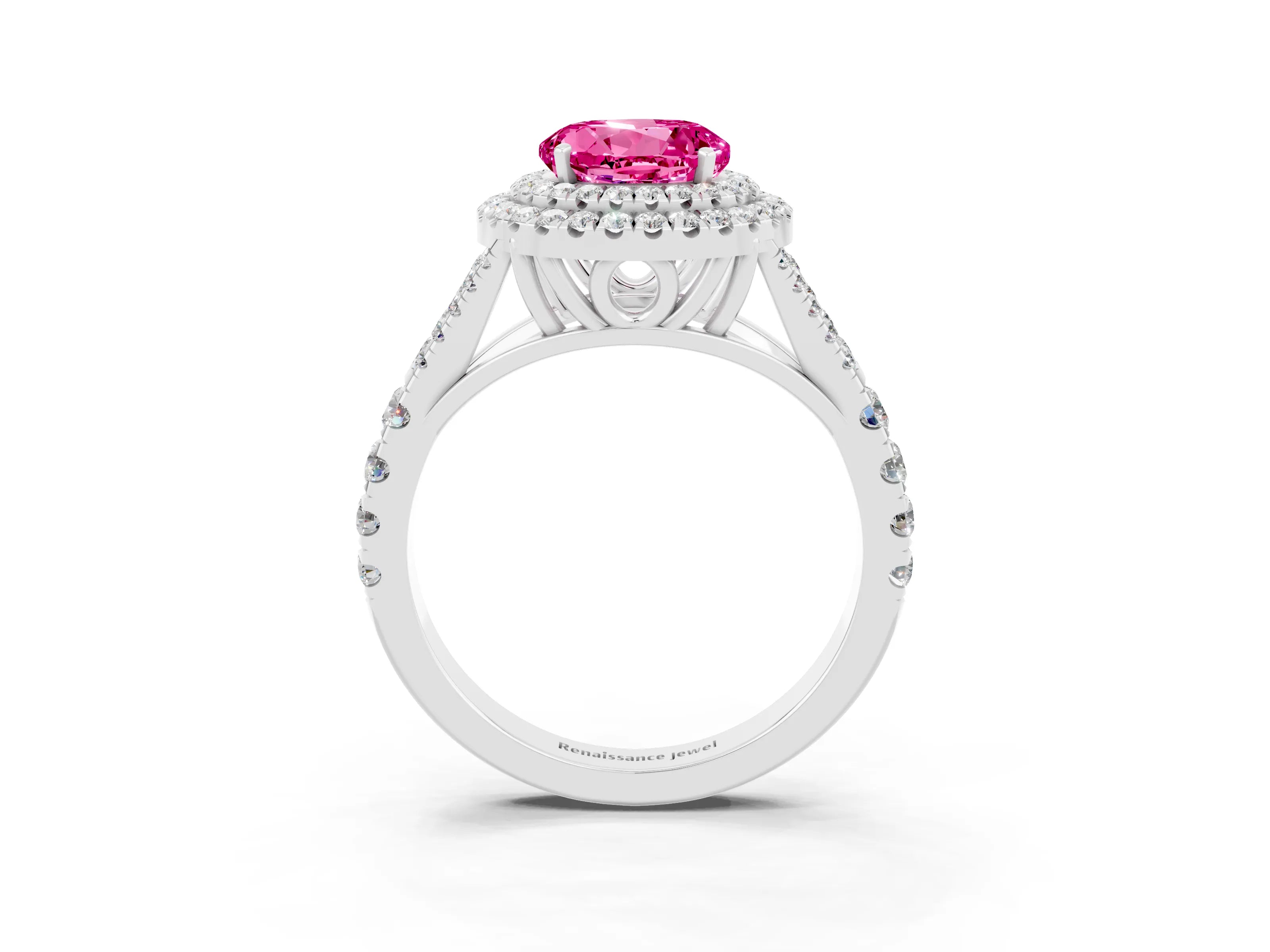 White gold Round Cut Pink Sapphire Double Halo Ring with Split Shank and Prong Setting_15