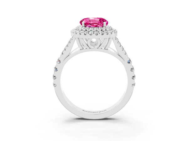 Platinum Round Cut Pink Sapphire Double Halo Ring with Split Shank and Prong Setting