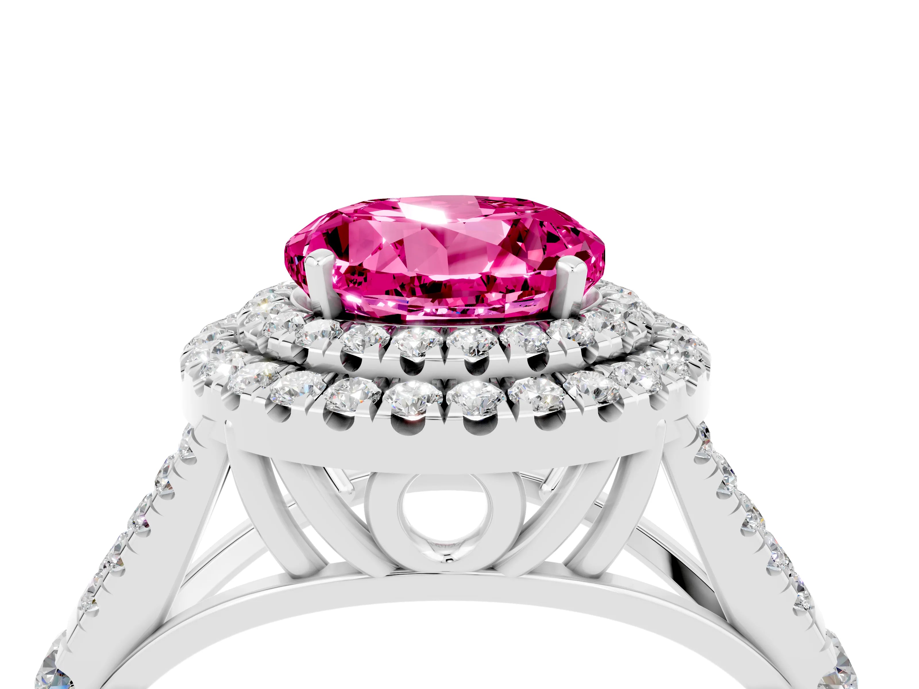 White gold Round Cut Pink Sapphire Double Halo Ring with Split Shank and Prong Setting_16