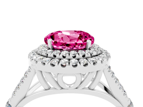White gold Round Cut Pink Sapphire Double Halo Ring with Split Shank and Prong Setting_16