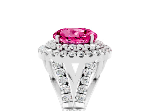 White gold Round Cut Pink Sapphire Double Halo Ring with Split Shank and Prong Setting_17