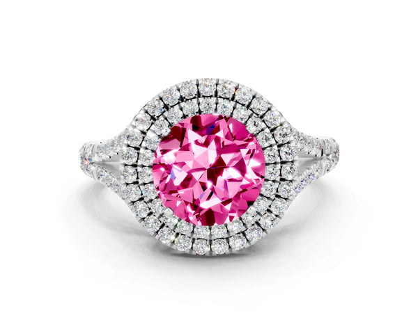 White gold Round Cut Pink Sapphire Double Halo Ring with Split Shank and Prong Setting