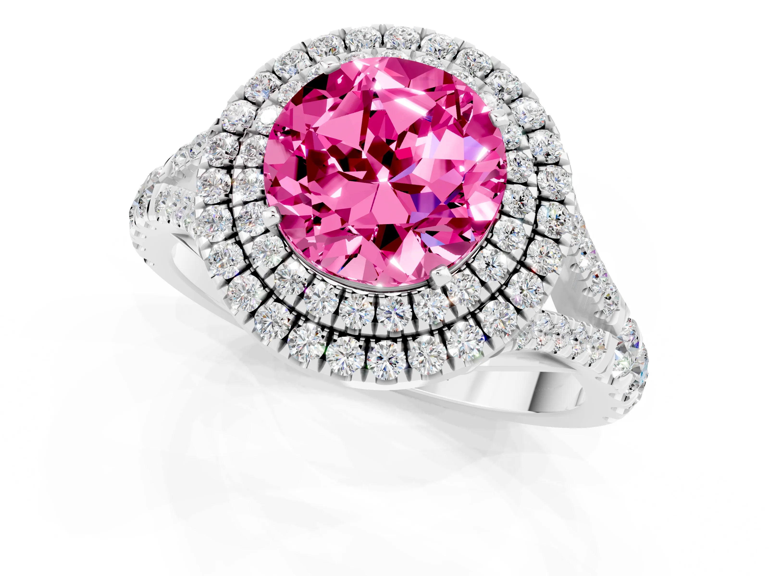 White gold Round Cut Pink Sapphire Double Halo Ring with Split Shank and Prong Setting_25