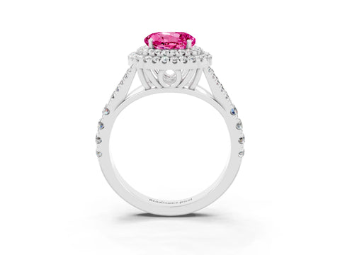 White gold Round Cut Pink Sapphire Double Halo Ring with Split Shank and Prong Setting_27
