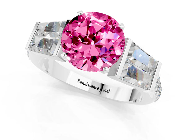 Platinum Round Cut Pink Sapphire Engagement Ring with Baguette Side Stones and Channel Set Band