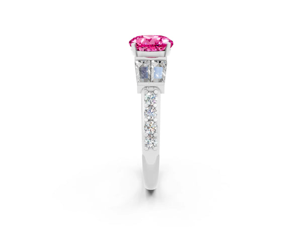 Silver Round Cut Pink Sapphire Engagement Ring with Baguette Side Stones and Channel Set Band