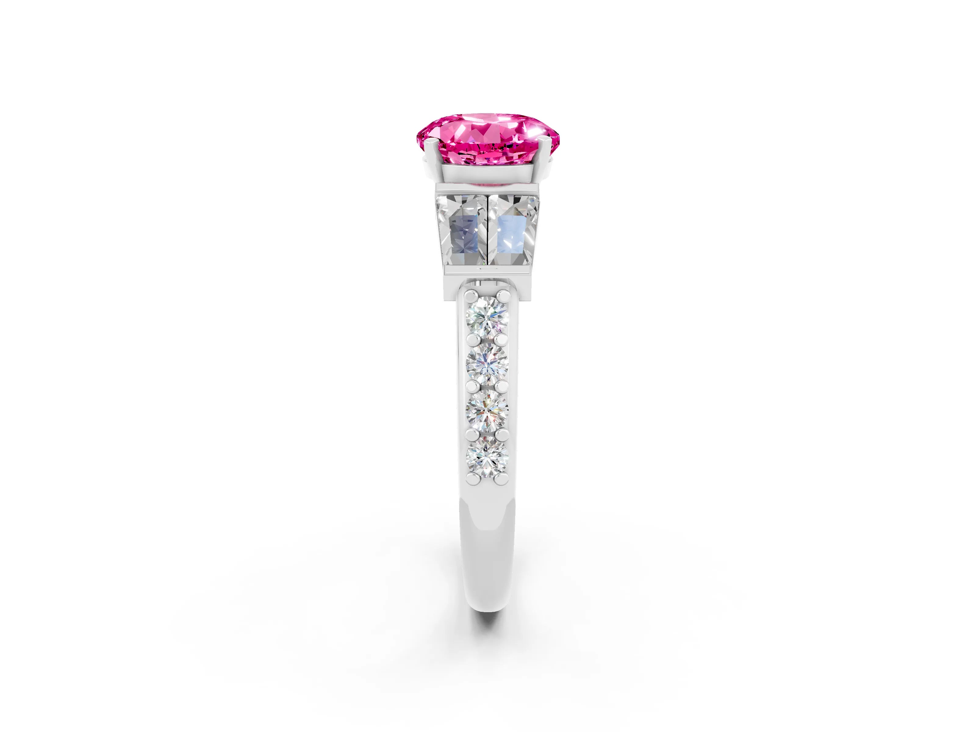 White gold Round Cut Pink Sapphire Engagement Ring with Baguette Side Stones and Channel Set Band_2