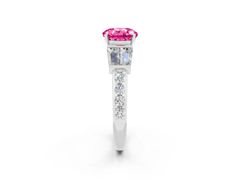 White gold Round Cut Pink Sapphire Engagement Ring with Baguette Side Stones and Channel Set Band_2
