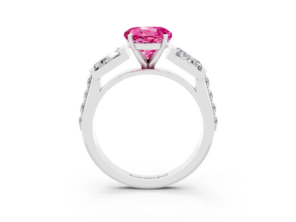 White gold Round Cut Pink Sapphire Engagement Ring with Baguette Side Stones and Channel Set Band