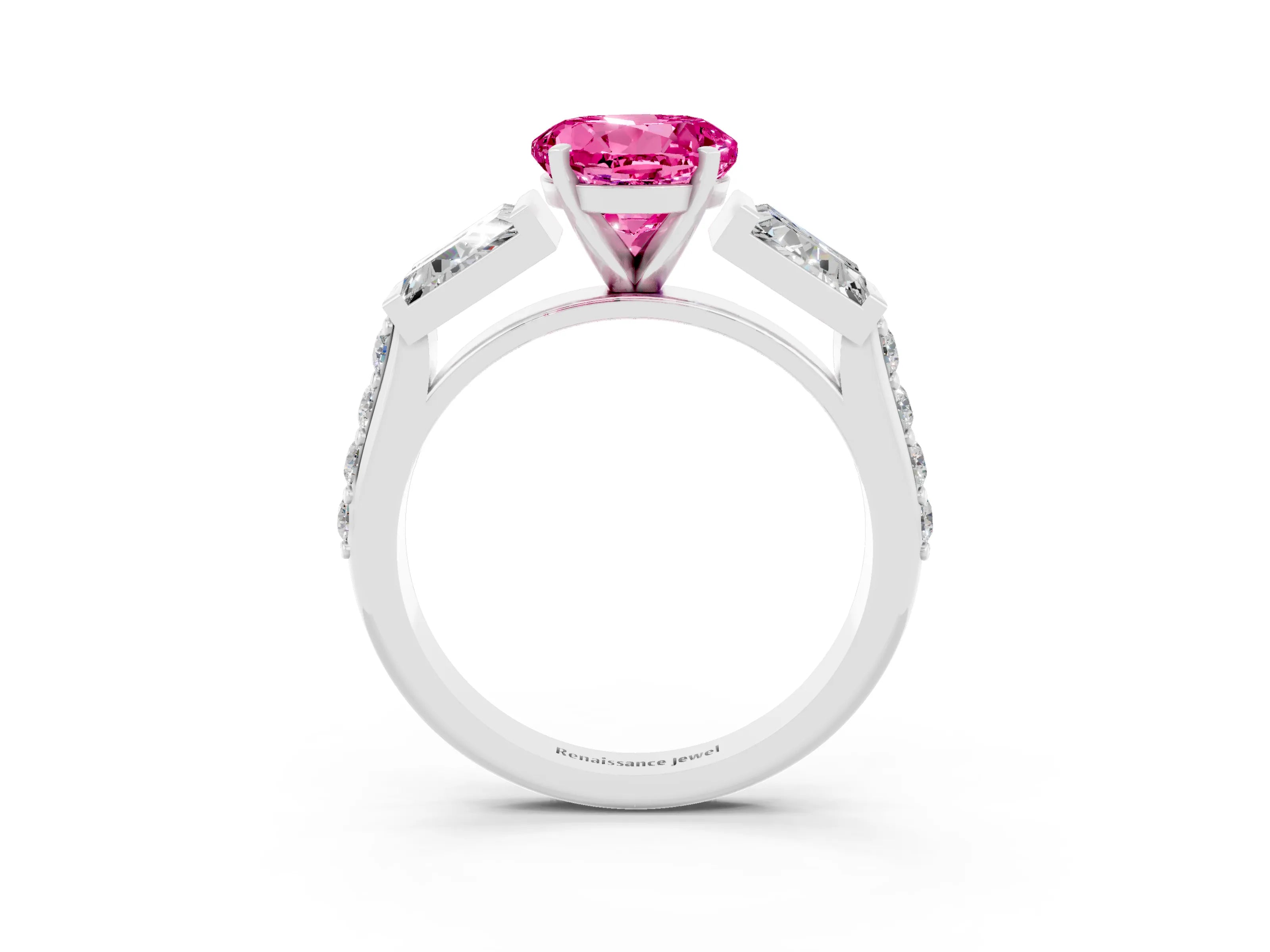 White gold Round Cut Pink Sapphire Engagement Ring with Baguette Side Stones and Channel Set Band_3