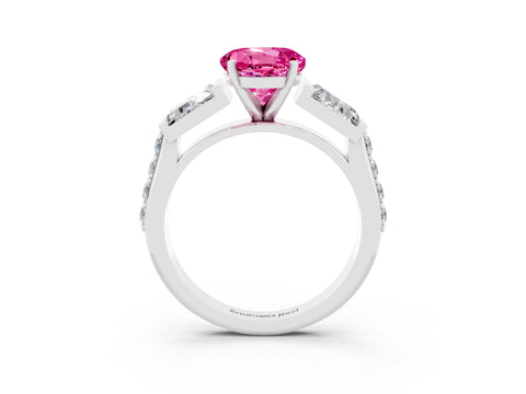 White gold Round Cut Pink Sapphire Engagement Ring with Baguette Side Stones and Channel Set Band_3