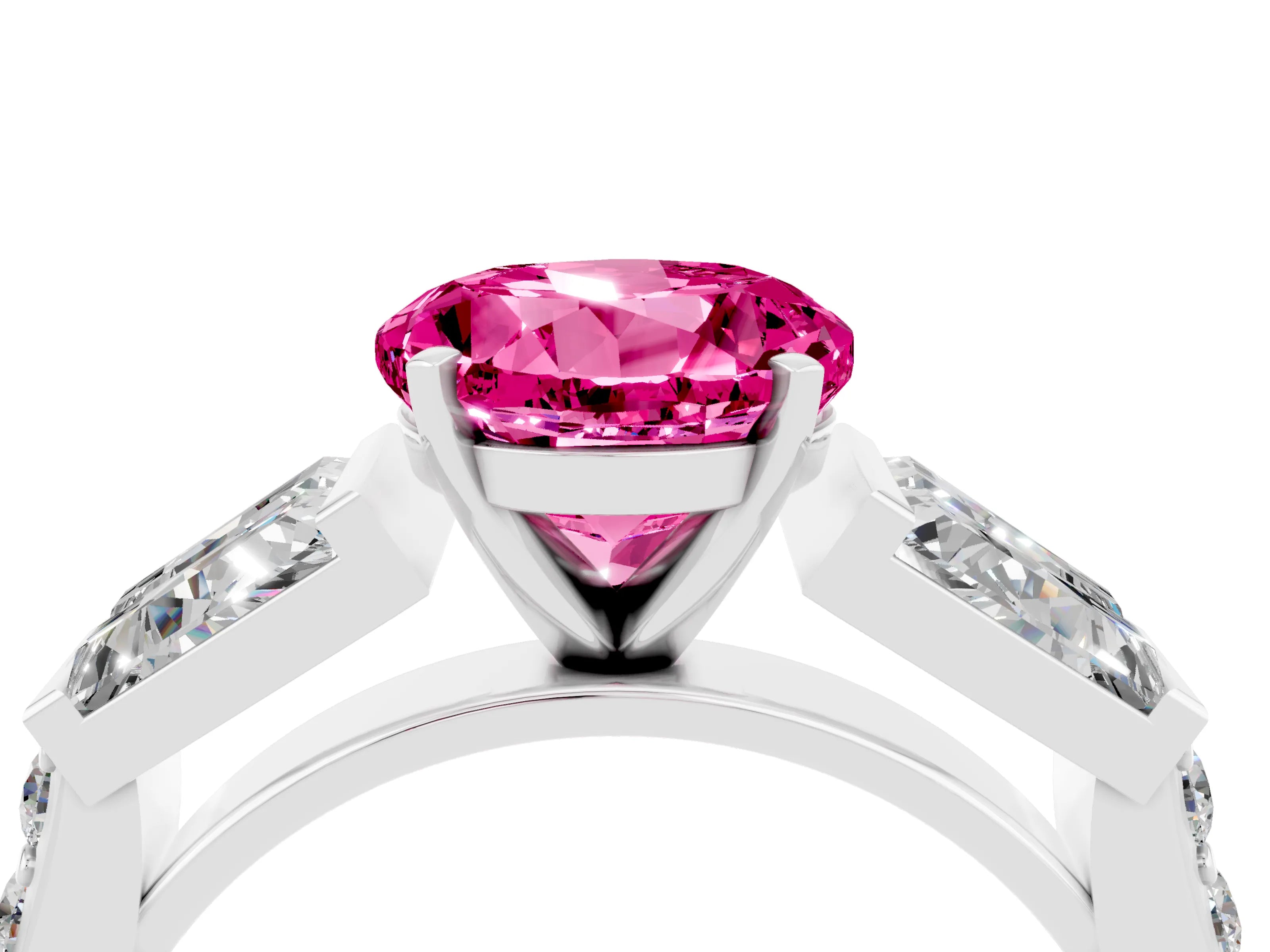 White gold Round Cut Pink Sapphire Engagement Ring with Baguette Side Stones and Channel Set Band_4