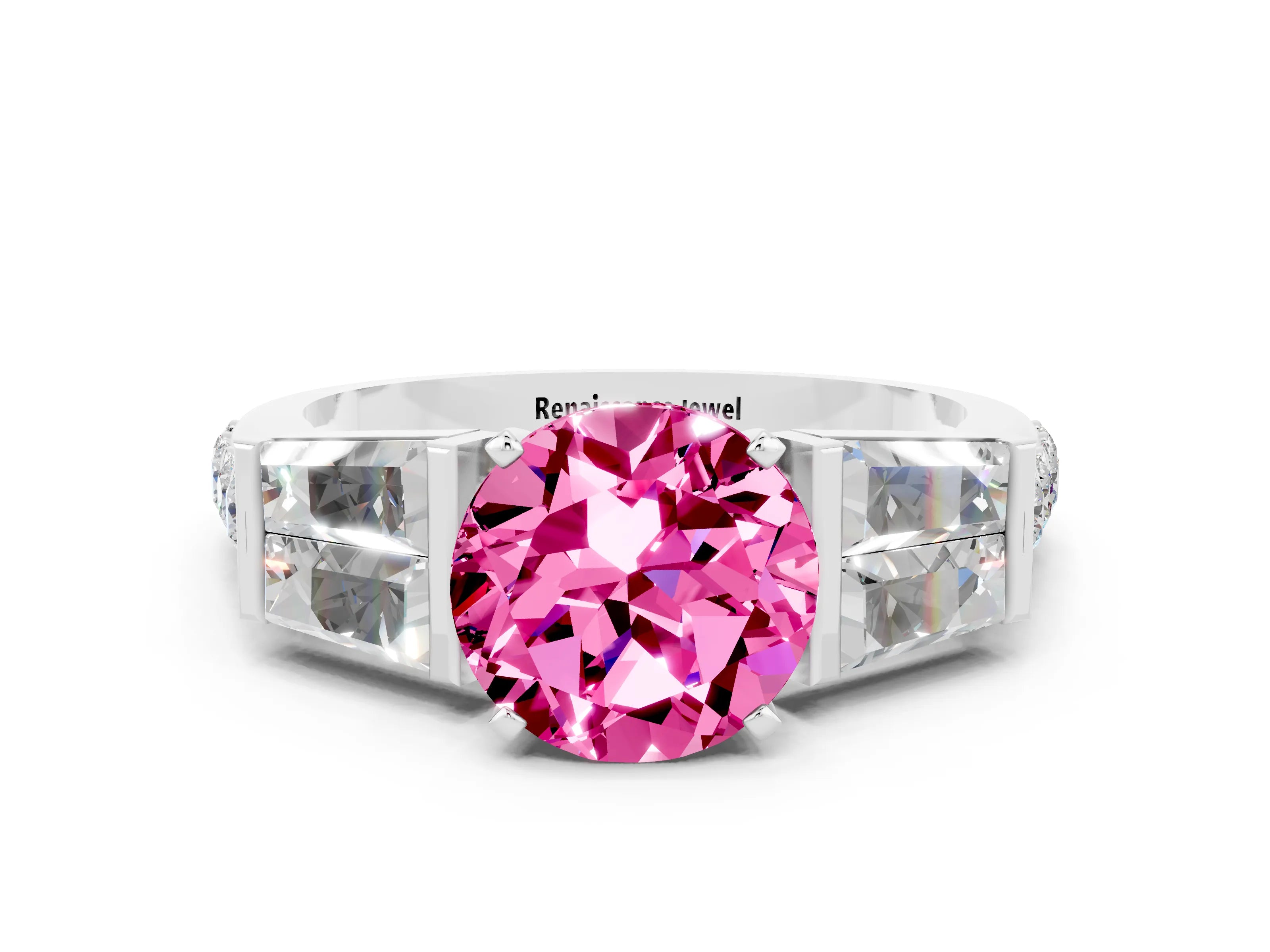 White gold Round Cut Pink Sapphire Engagement Ring with Baguette Side Stones and Channel Set Band