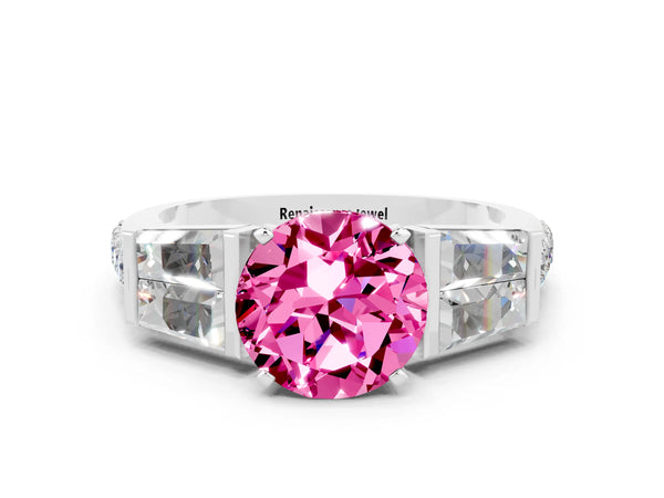 White gold Round Cut Pink Sapphire Engagement Ring with Baguette Side Stones and Channel Set Band