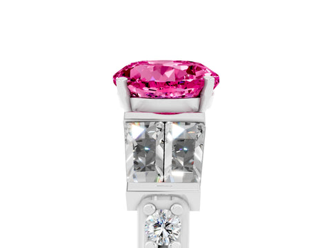 White gold Round Cut Pink Sapphire Engagement Ring with Baguette Side Stones and Channel Set Band_5