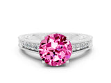 White gold Round Cut Pink Sapphire Engagement Ring with Milgrain Channel Set Band and Prong Setting_24