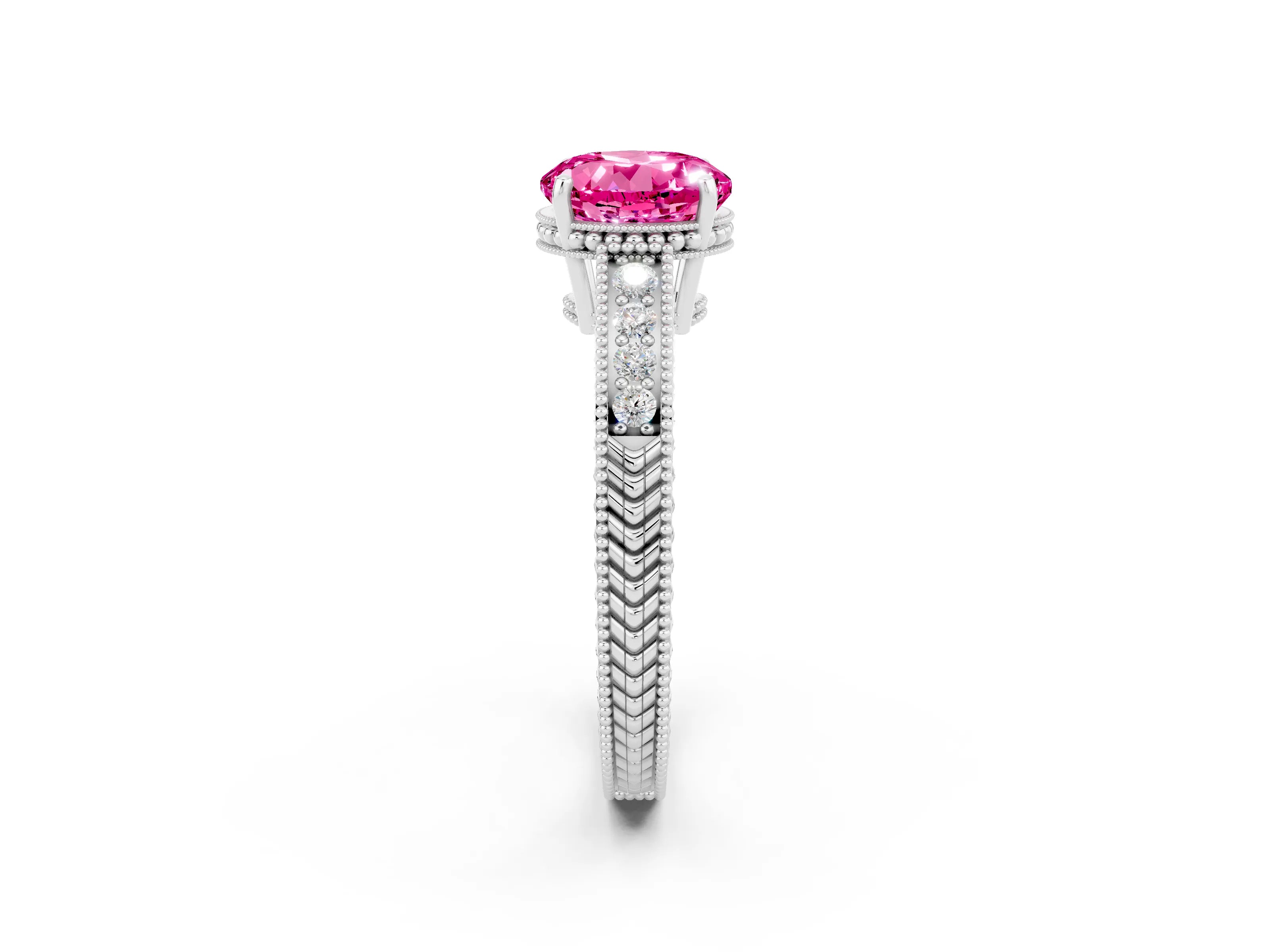 White gold Round Cut Pink Sapphire Engagement Ring with Milgrain Channel Set Band and Prong Setting_26