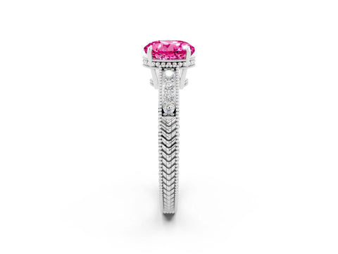 White gold Round Cut Pink Sapphire Engagement Ring with Milgrain Channel Set Band and Prong Setting_26