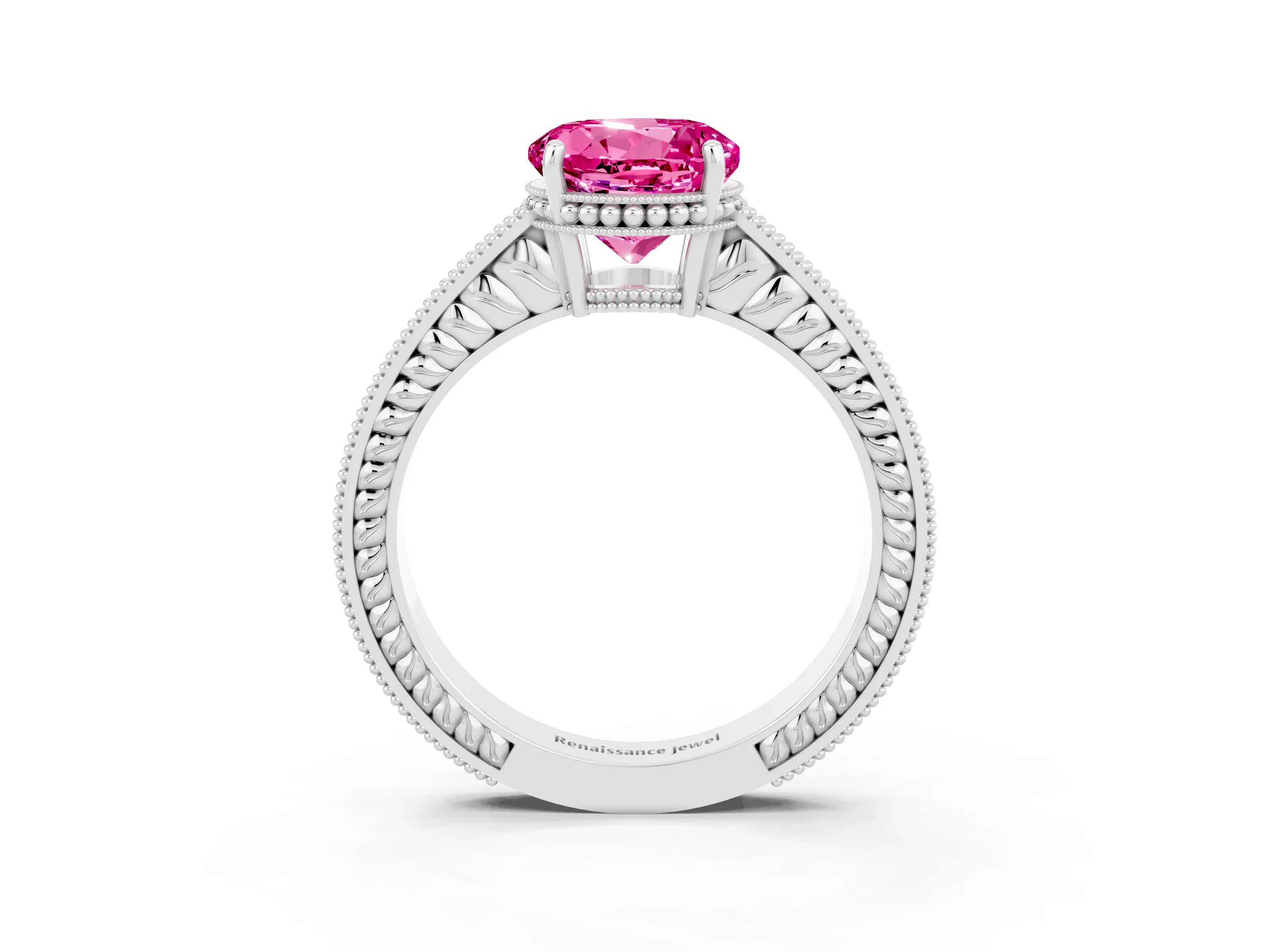 White gold Round Cut Pink Sapphire Engagement Ring with Milgrain Channel Set Band and Prong Setting_27