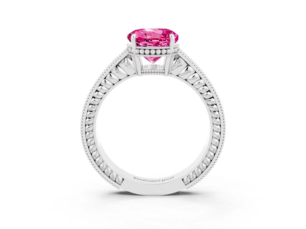 Silver Round Cut Pink Sapphire Engagement Ring with Milgrain Channel Set Band and Prong Setting
