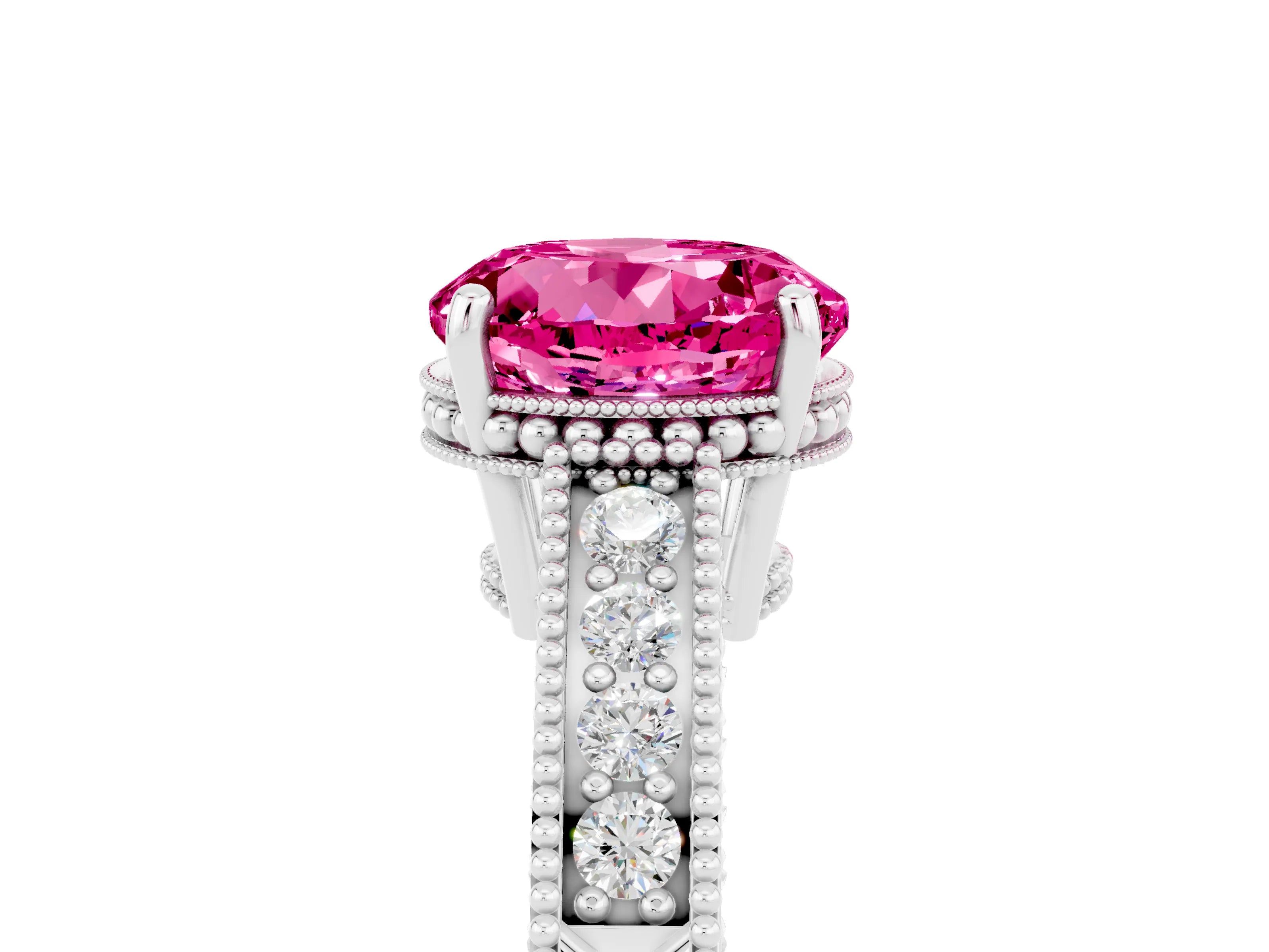 White gold Round Cut Pink Sapphire Engagement Ring with Milgrain Channel Set Band and Prong Setting_29