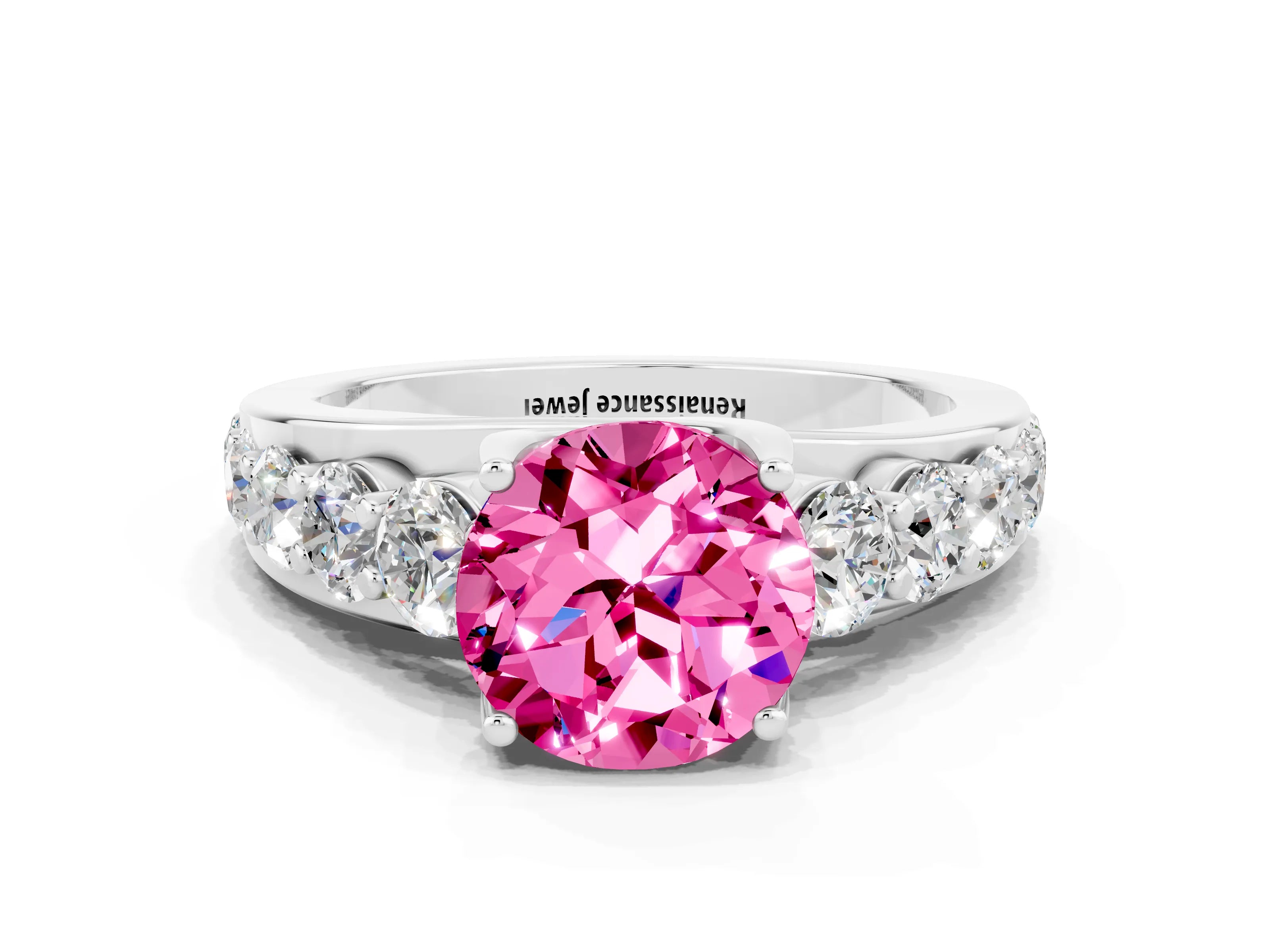 White gold Round Cut Pink Sapphire Engagement Ring with Pavé Band and Four-Prong Setting