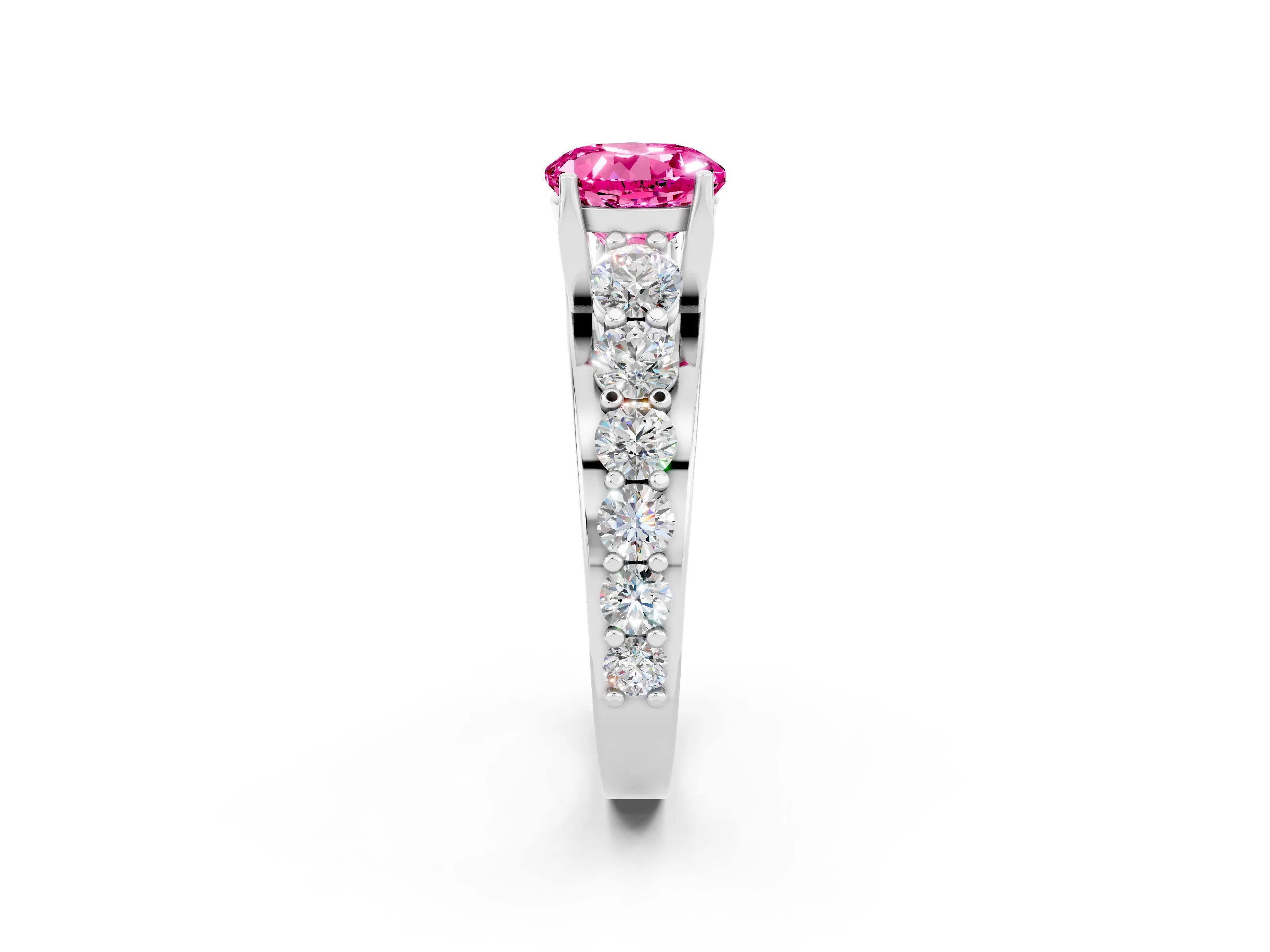 White gold Round Cut Pink Sapphire Engagement Ring with Pavé Band and Four-Prong Setting_2