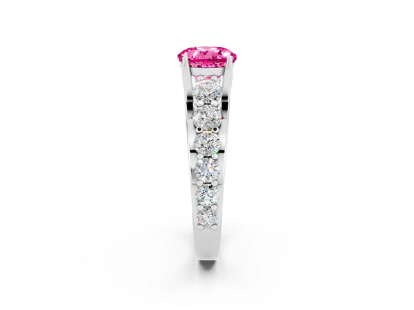 Platinum Round Cut Pink Sapphire Engagement Ring with Pavé Band and Four-Prong Setting