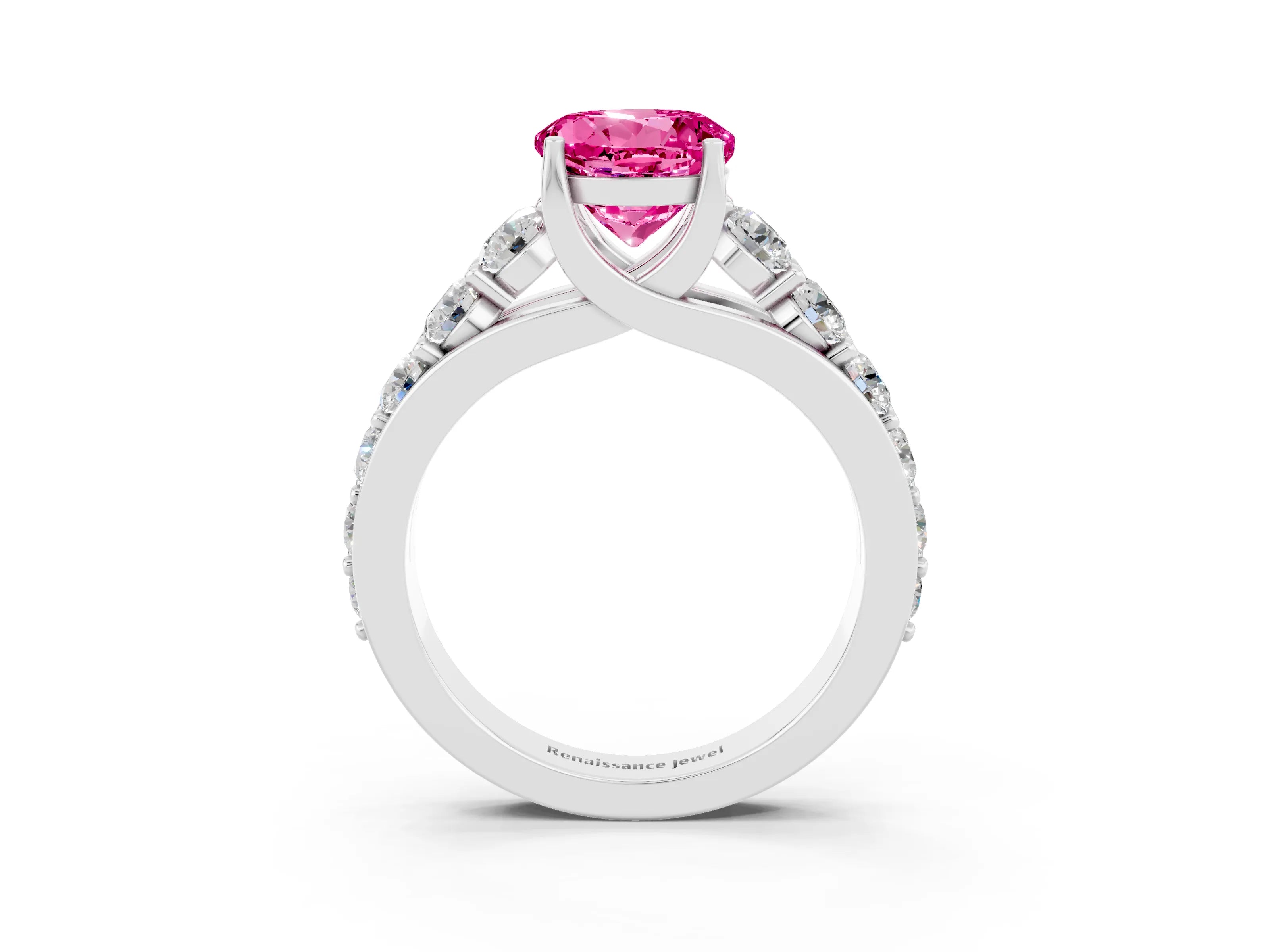 White gold Round Cut Pink Sapphire Engagement Ring with Pavé Band and Four-Prong Setting_3