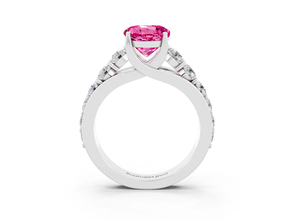 Silver Round Cut Pink Sapphire Engagement Ring with Pavé Band and Four-Prong Setting