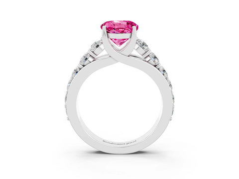 White gold Round Cut Pink Sapphire Engagement Ring with Pavé Band and Four-Prong Setting_3
